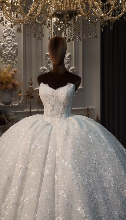 Luxury Strapless Ball Gown Applique Long Wedding Dresses Lace Ivory Bridal Dresses Sleeveless Bridal Gowns DP3699