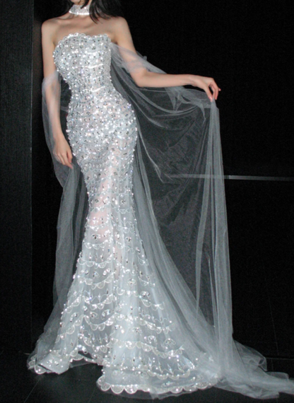 Gorgeous Strapless Mermaid Long Wedding Dresses Tulle Beaded White Bridal Dresses Sleeveless Bridal Gowns DP3701