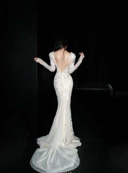 Gorgeous V-neck Mermaid Trail Wedding Dresses Beaded Applique Bridal Dresses Ivory Backless Bridal Gowns DP3703