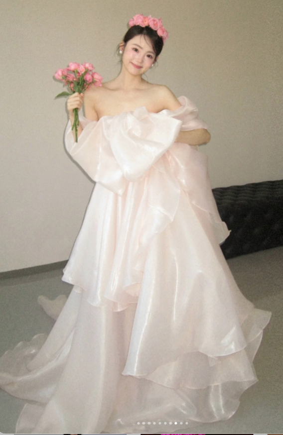 Gorgeous Off-the-shoulder Sheath Long Wedding Dresses Tulle Bridal Dresses Light Pink Short-sleeved Bridal Gowns DP3705