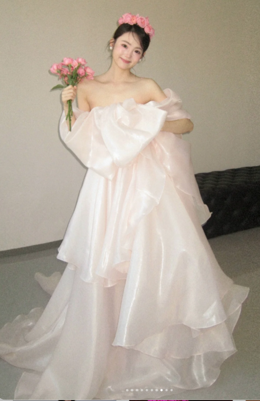 Gorgeous Off-the-shoulder Sheath Long Wedding Dresses Tulle Bridal Dresses Light Pink Short-sleeved Bridal Gowns DP3705