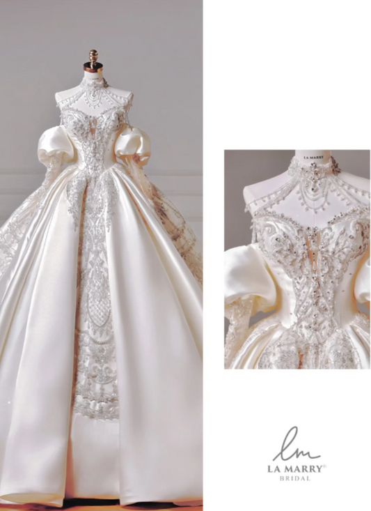 Gorgeous Off-the-shoulder Ball Gown Satin Long Wedding Dresses Beaded Bridal Gowns Long Sleeve Bridal Dresses DP3739