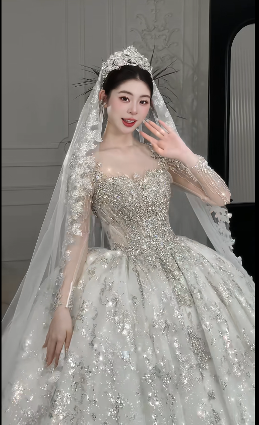 Gorgeous Square Neck Ball Gown Tulle Long Wedding Dresses Beaded White Bridal Gowns Long Sleeve Bridal Dresses DP3743