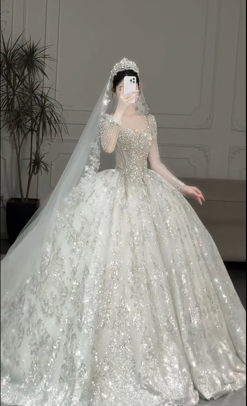 Gorgeous Square Neck Ball Gown Tulle Long Wedding Dresses Beaded White Bridal Gowns Long Sleeve Bridal Dresses DP3743