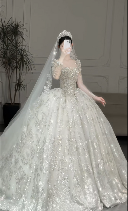 Gorgeous Square Neck Ball Gown Tulle Long Wedding Dresses Beaded White Bridal Gowns Long Sleeve Bridal Dresses DP3743