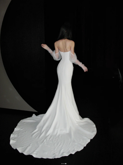 Elegant Off-the-shoulder Mermaid Long Wedding Dresses Chiffon White Bridal Gowns Long Sleeve Bridal Dresses DP3762