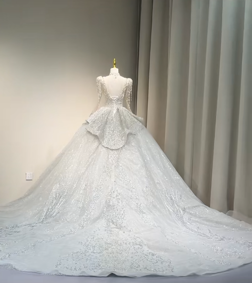 Gorgeous Ball Gown Beaded Long Wedding Dresses Tulle White Bridal Gowns Long Sleeve Bridal Dresses DP3764