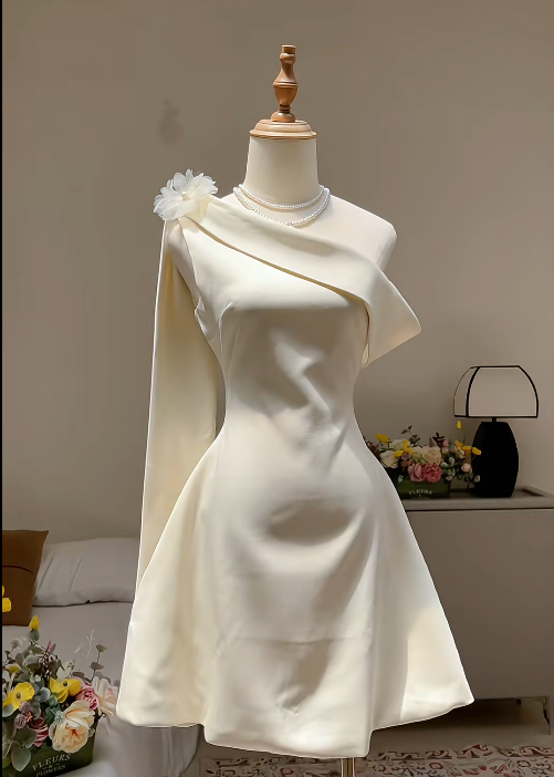 Fairy One-Shoulder Sheath Short Prom Dress Satin White Birthday Dress Sleeveless Homecoming Dresses DP3790