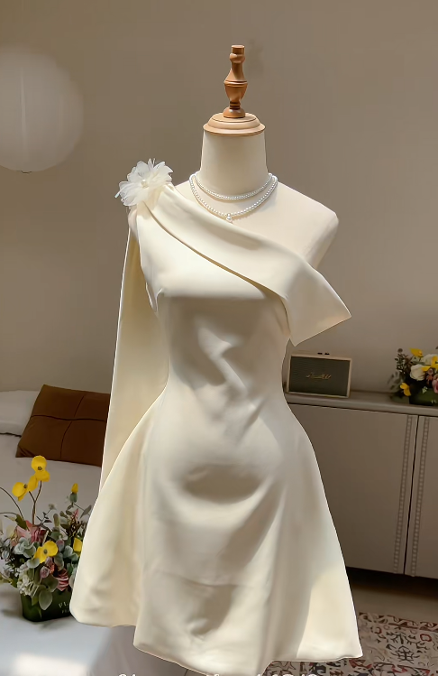 Fairy One-Shoulder Sheath Short Prom Dress Satin White Birthday Dress Sleeveless Homecoming Dresses DP3790