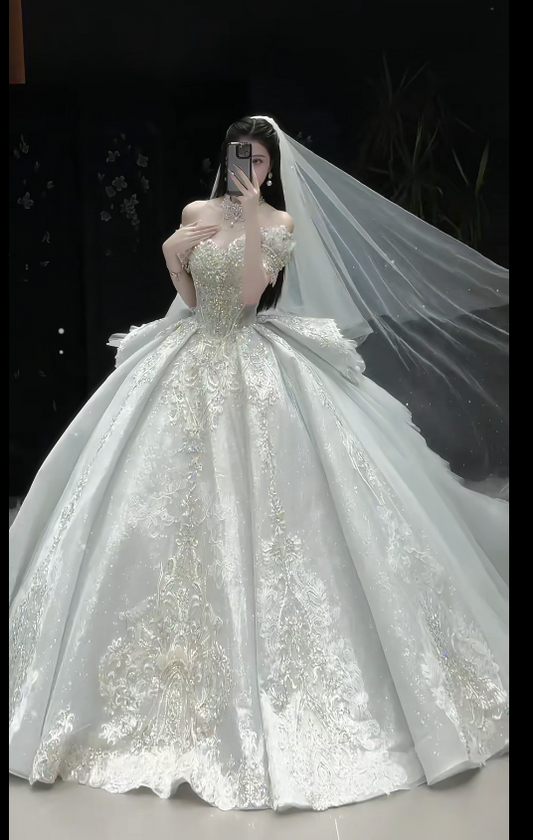 Timeless Off-Shoulder Ball Gown Long Wedding Dresses Rhinestone Tulle White Bridal Gowns Short-Sleeve Bridal Dresses DP3791