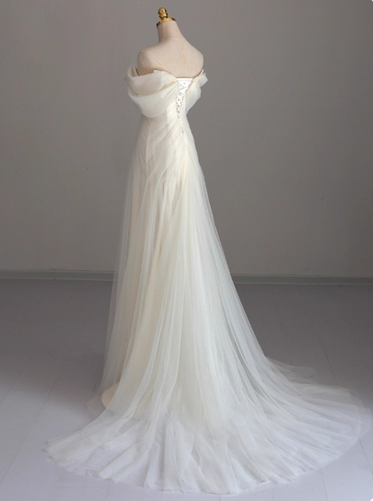 Simple Off-Shoulder A-Line Long Wedding Dress Tulle White Bridal Gown Short Sleeve Bridal Dress DP3792