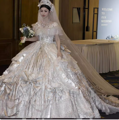 Gorgeous Off-Shoulder Ball Gown Long Wedding Dress White Lolita Bridal Gown DP3794