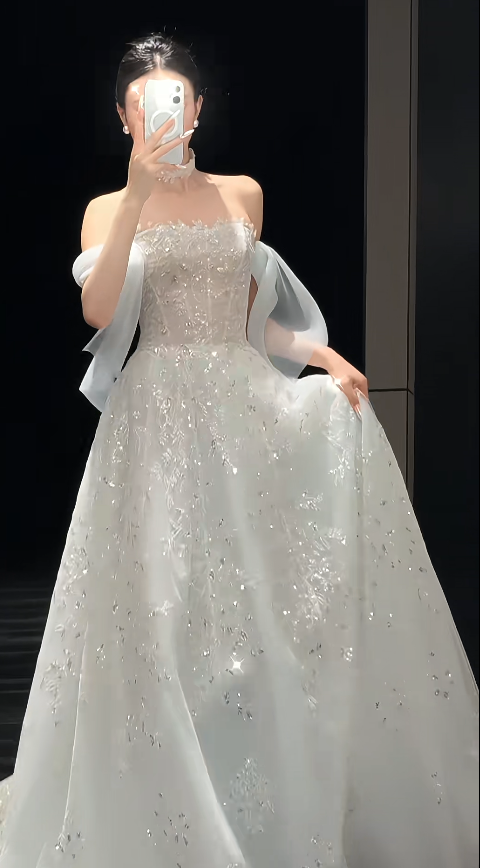 Elegant Strapless A-Line Long Wedding Dresses Tulle Beaded Bridal Gowns Applique White Bridal Dresses DP3813