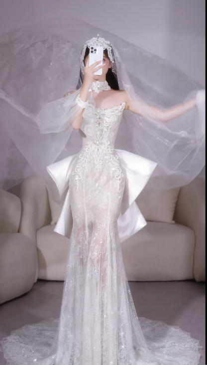 Timeless Strapless Mermaid Long Wedding Dresses Lace White Bridal Gowns Sleeveless Bridal Dresses DP3814