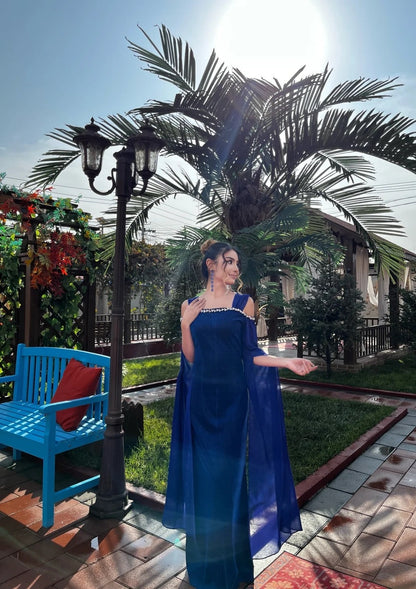 Elegant Sheath Blue Long Prom Dresses Off-the-shoulder Long-sleeved Blue Evening Dresses DP3908