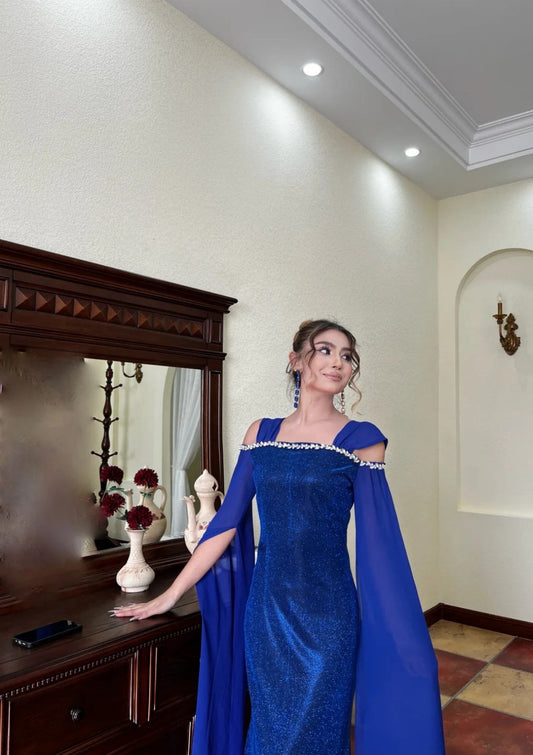 Elegant Sheath Blue Long Prom Dresses Off-the-shoulder Long-sleeved Blue Evening Dresses DP3908