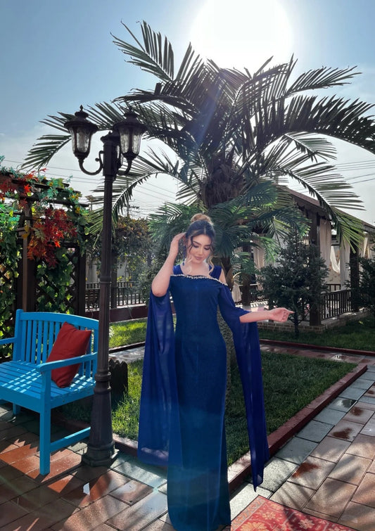 Elegant Sheath Blue Long Prom Dresses Off-the-shoulder Long-sleeved Blue Evening Dresses DP3908