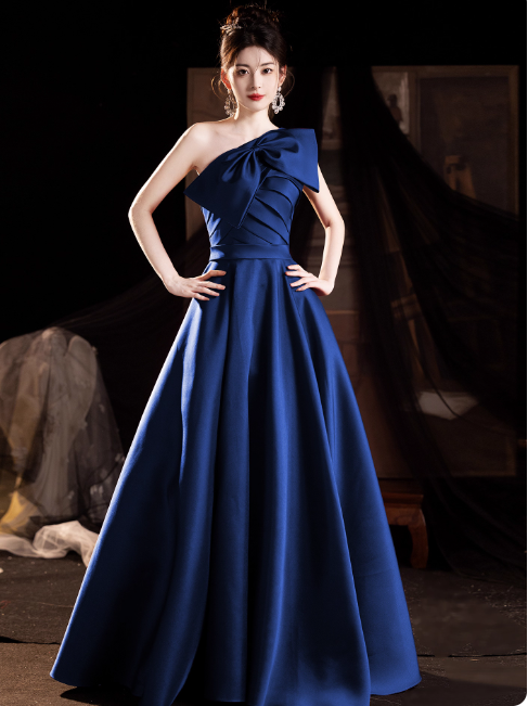 Chic One-shoulder A-Line Blue Bridesmaid Dresses Satin Blue Evening Gowns DP3969