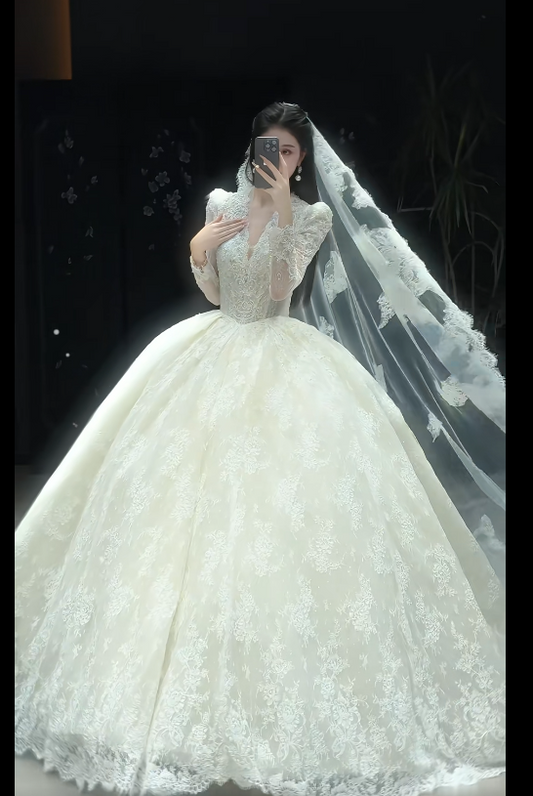 Luxury Ball Gown Long Wedding Dresses Lace Applique White Bridal Gowns Long Sleeve Bridal Dresses DW3792
