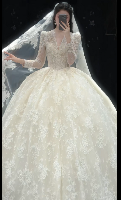 Luxury Ball Gown Long Wedding Dresses Lace Applique White Bridal Gowns Long Sleeve Bridal Dresses DW3792