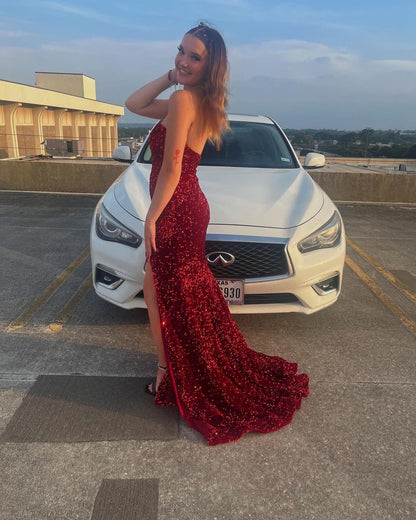 Sparkly Dark Red Sequin Formal Dresses Long Mermaid Prom Dress