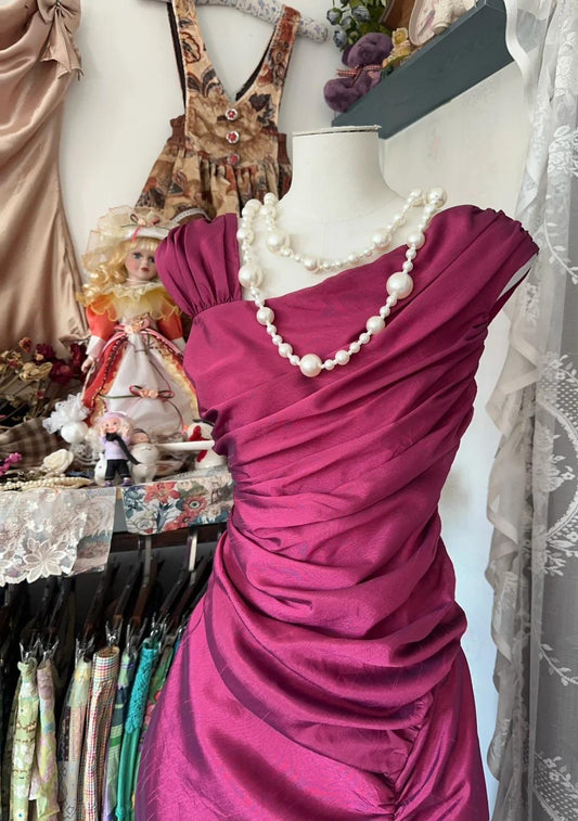 Gorgeous Dark Pink Mermaid Pleated Satin Irregular Neckline Ball Dress Birthday Dress ED01862