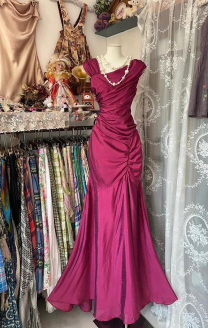 Gorgeous Dark Pink Mermaid Pleated Satin Irregular Neckline Ball Dress Birthday Dress ED01862