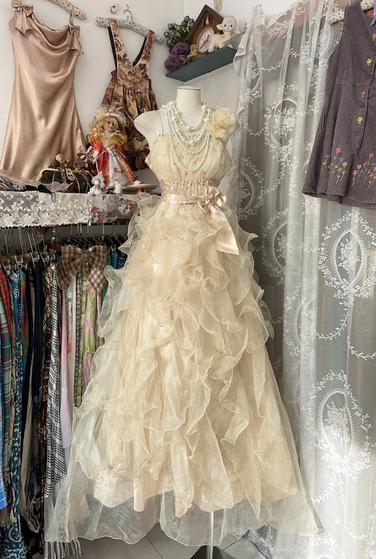 Sweet Light Yellow A-Line Spaghetti Straps Tulle Layered Prom Dress Beaded Sequin Birthday Dress ED01869