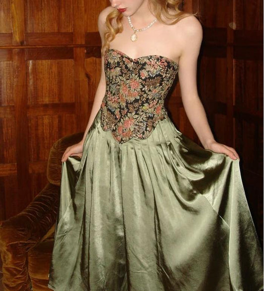 Vintage Olive Green Strapless Satin A-Line Bridesmaid Dress Sweet Formal Evening Dress ED02103