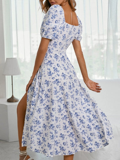 Vintage Printed Square Neck Fashion Party Dress Elegant Bridesmaid Dress With Slit ED02175