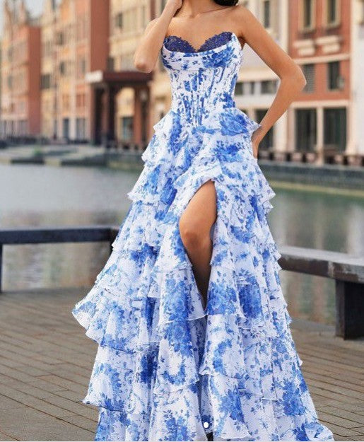 Elegant Ruffle Sweetheart Neck A-Line Tiered Prom Dresses Fashion Evening Gowns ED02265