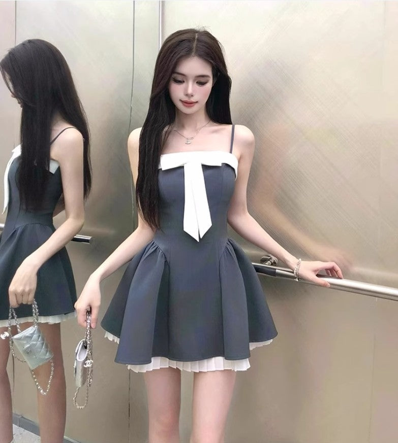 French style stitching suspender dress with bow waist short skirt  ED02305