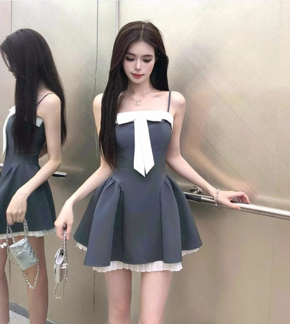 French style stitching suspender dress with bow waist short skirt  ED02305