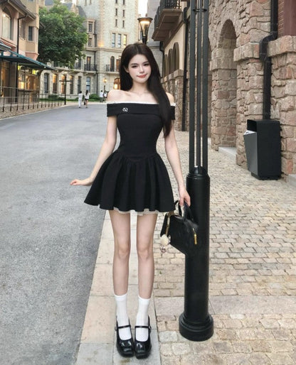 French style black off-shoulder dress summer short skirt  ED02306