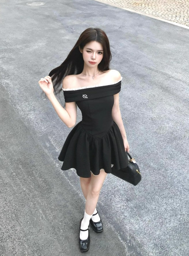 French style black off-shoulder dress summer short skirt  ED02306