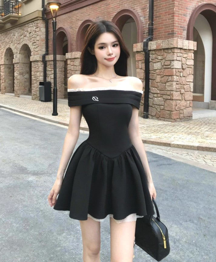 French style black off-shoulder dress summer short skirt  ED02306
