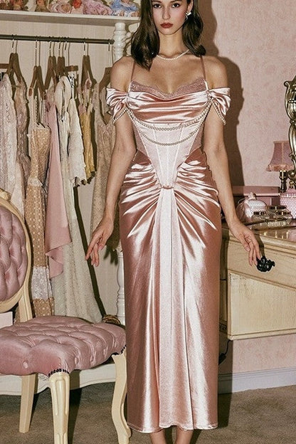 Elegant Pink Off Shoulder Corset Satin A-Line Long Prom Dresses Fashion Bridesmaid Dresses ED02341