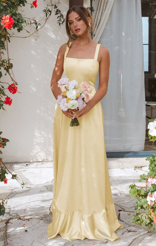 Elegant Butter Yellow A-Line Long Prom Dresses Straps Satin Bridesmaid Dresses ED02380