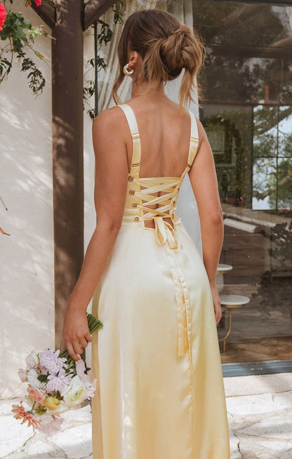 Elegant Butter Yellow A-Line Long Prom Dresses Straps Satin Bridesmaid Dresses ED02380
