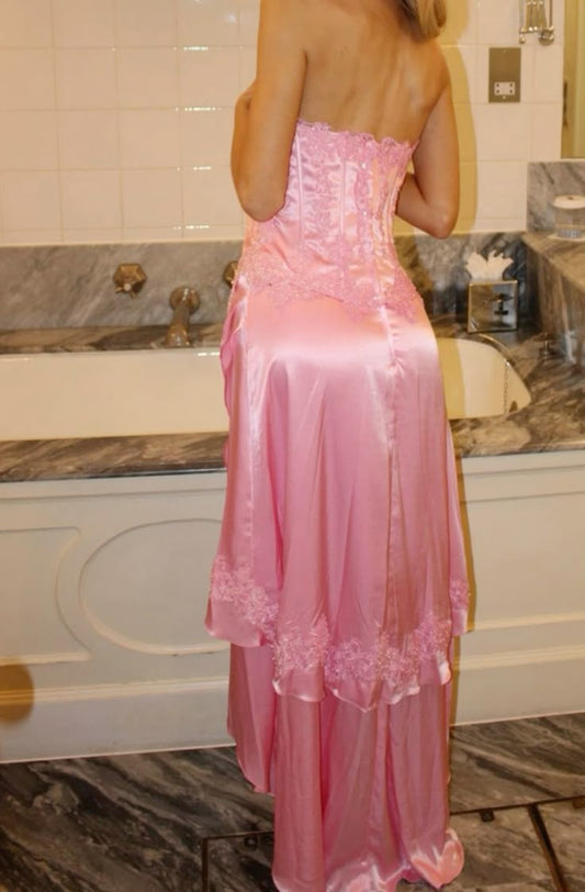 Sweet Pink Strapless Sheath Satin Lace Applique Prom Dresses Fashion Bridesmaid Dresses ED02557