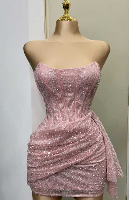 Fashion Pink Strapless Bodycon Short Prom Dresses Glitter Sequin Homecoming Dresses ED02708