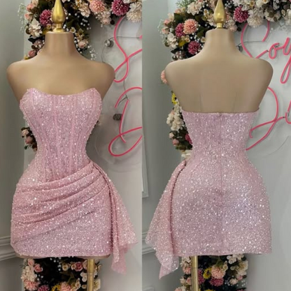 Fashion Pink Strapless Bodycon Short Prom Dresses Glitter Sequin Homecoming Dresses ED02708