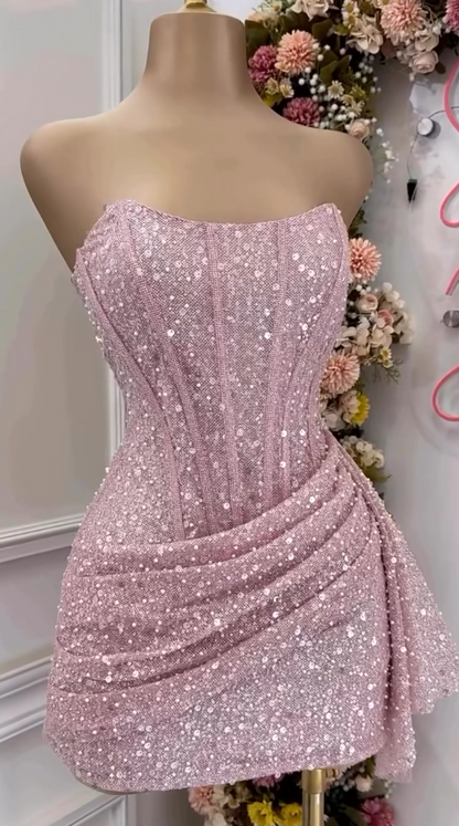 Fashion Pink Strapless Bodycon Short Prom Dresses Glitter Sequin Homecoming Dresses ED02708