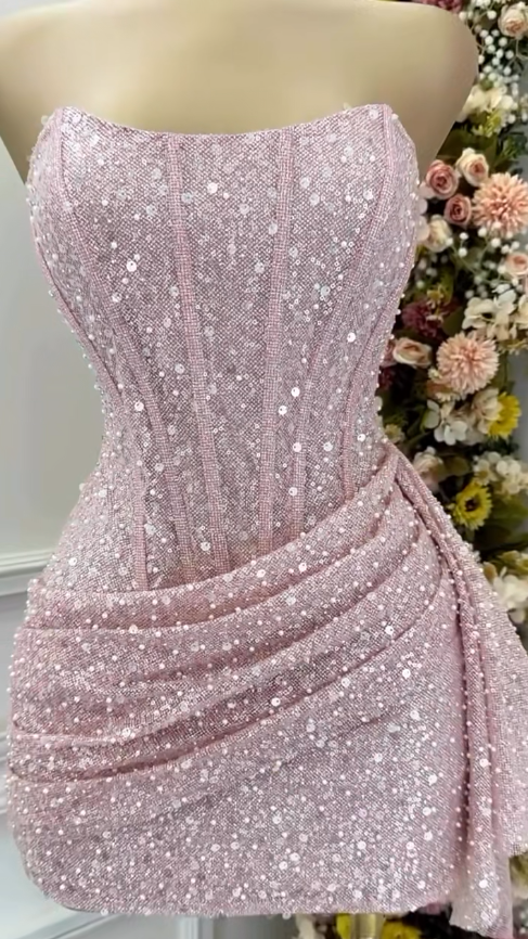 Fashion Pink Strapless Bodycon Short Prom Dresses Glitter Sequin Homecoming Dresses ED02708