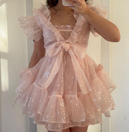 Fairytale Pink A-Line Tulle Short Prom Dresses, Glitter Sequin Homecoming Dress ED03362