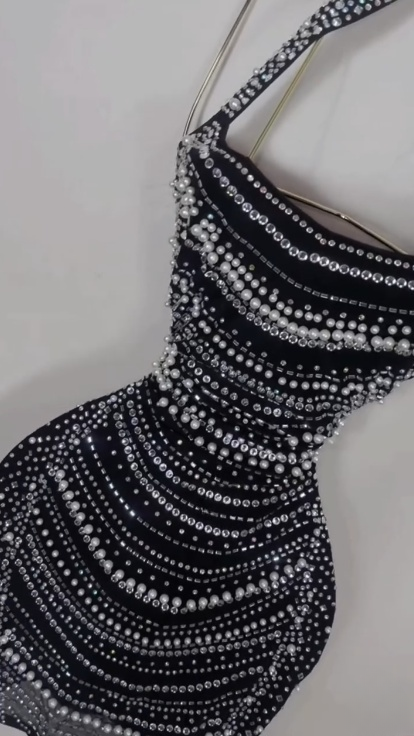 Black Bodycon Spaghetti Straps Beaded Short Birthday Dress Homecoming Dresses ED03529