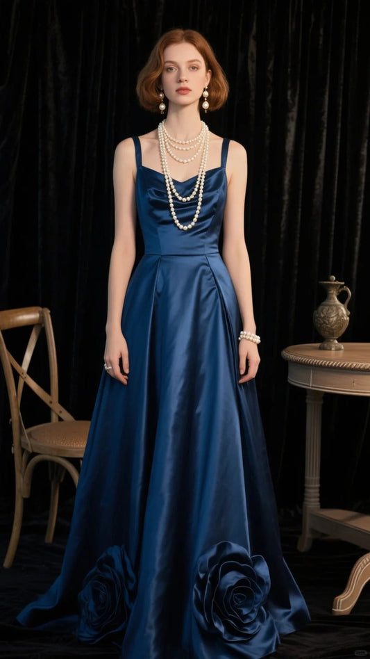 Navy Blue Spaghetti Strap A-Line Stunning Prom Dresses Satin Elegant Formal Dresses ED03533