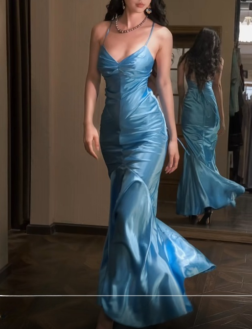 Blue Mermaid Long Elegant Prom Dresses Spaghetti Strap Satin Formal Dresses ED03536