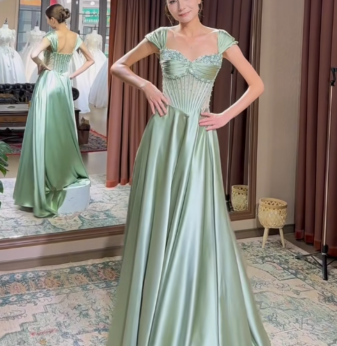 Green A-Line Sweetheart Satin Long Stunnig Prom Dresses Elegant Formal Dresses ED03538