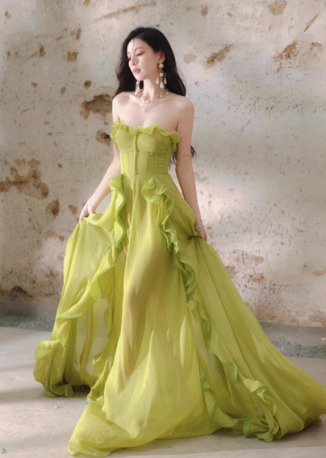 Fairytale Green A-Line Ruffle Long Prom Dresses Strapless Chiffon Formal Dresses ED03546